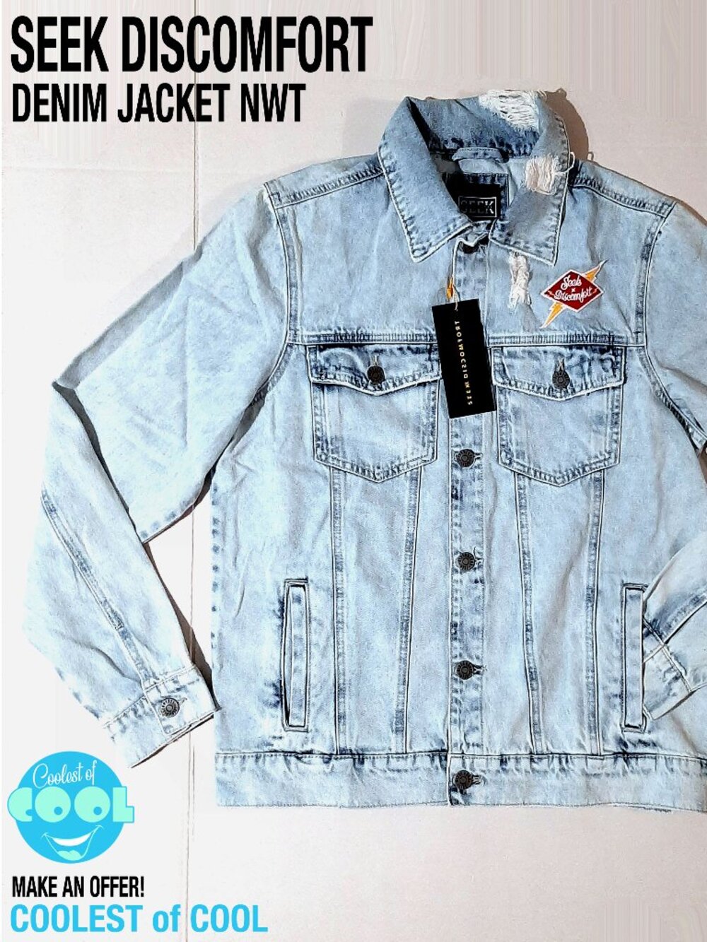 rare Seek Discomfort Denim Jacket size small light wash distressed new with tag